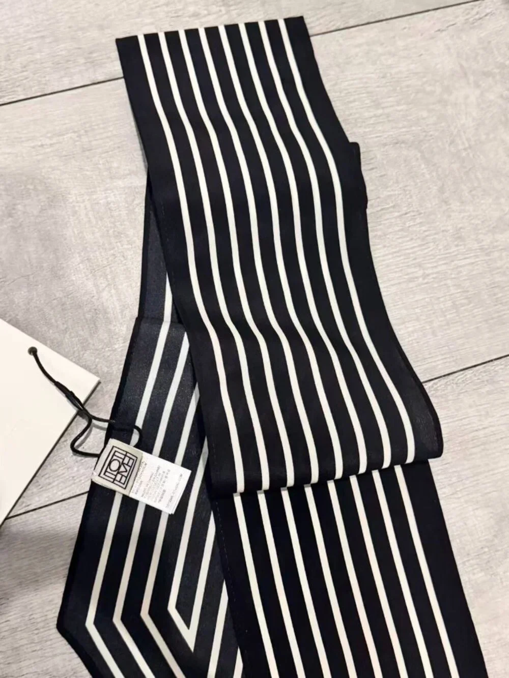TOTEME Black & White Striped Skinny Silk Scarf